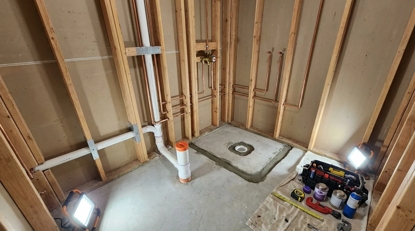 Bathroom rough-in plumbing during remodel by Johns Plumbing LLC in Evergreen