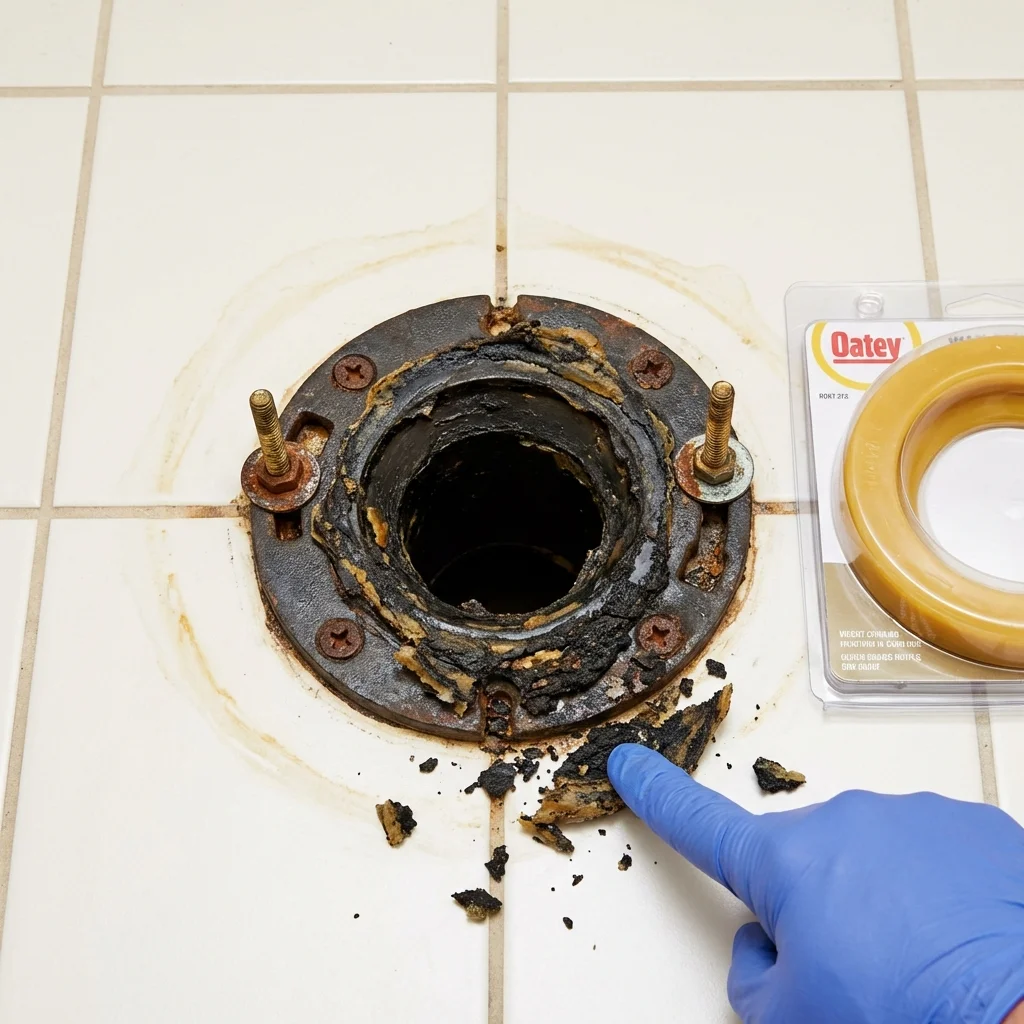 Failed wax ring showing water seepage at the base of a toilet in a Evergreen, CO home