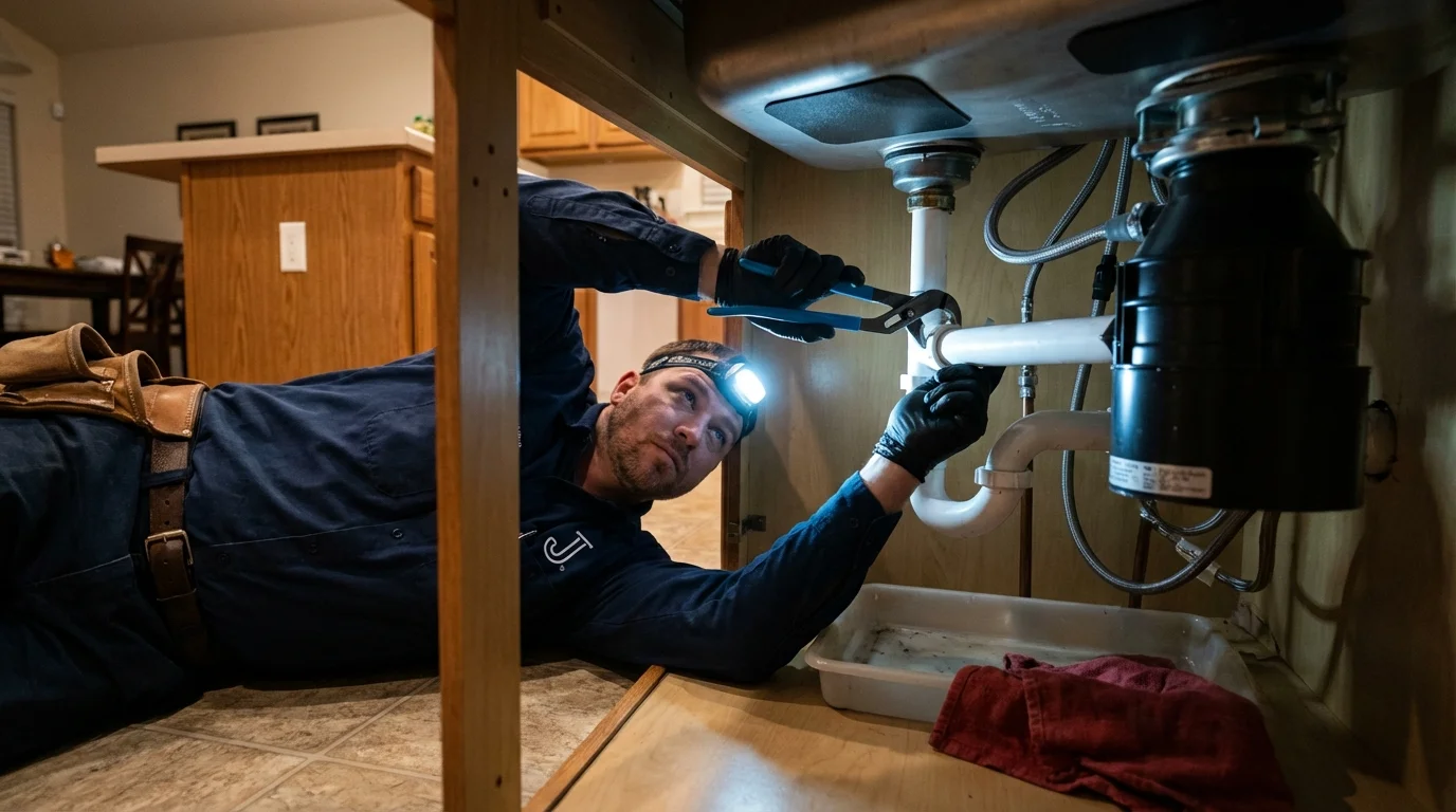 P-trap and supply line connections under a kitchen sink showing a common leak point in Evergreen, CO